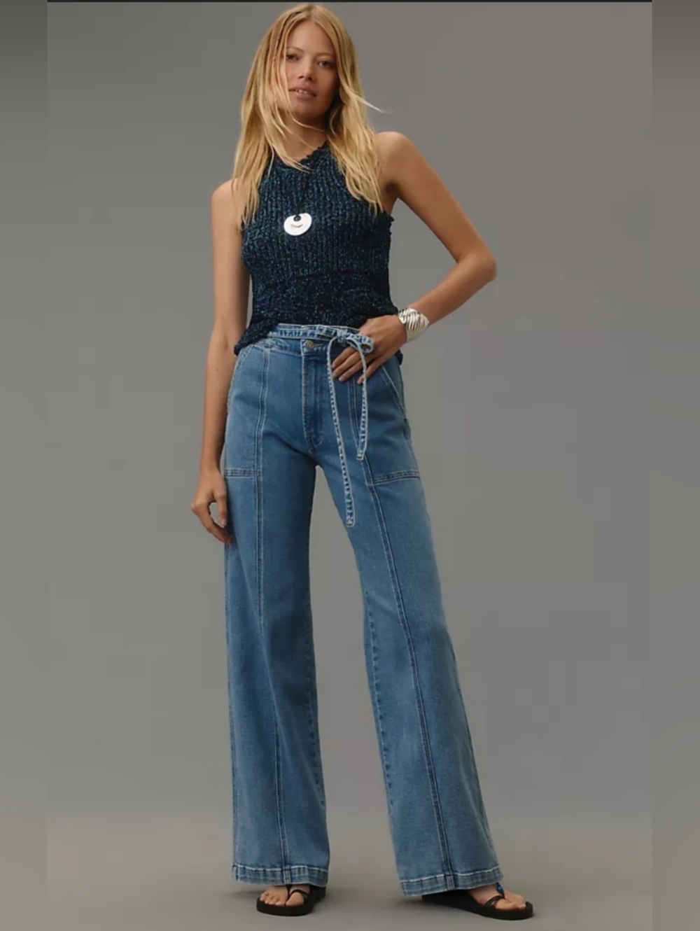 HUDSON Tie Waist High Rise Wide Leg Jeans Women's 16 Boho Hippie Stretch